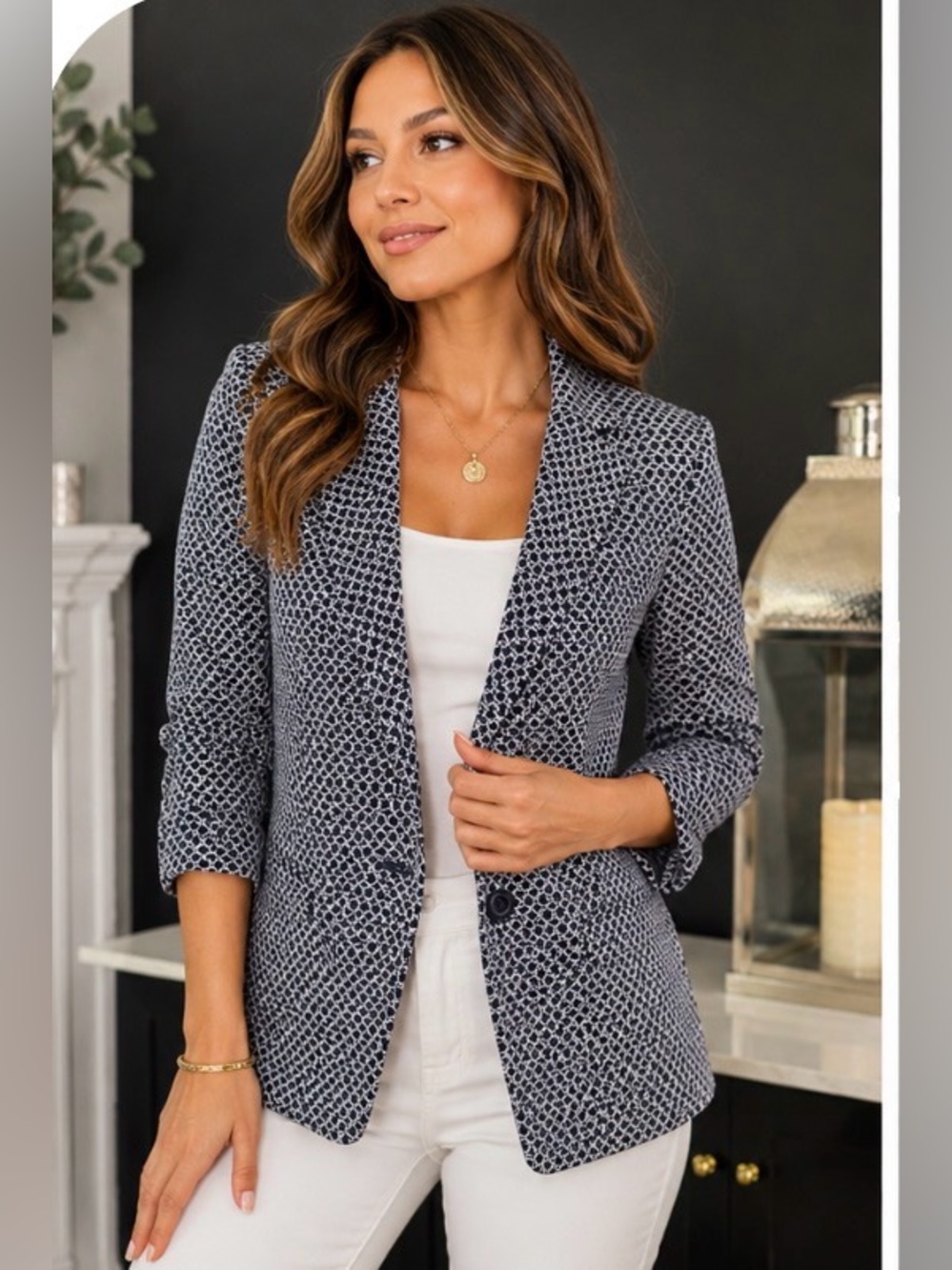 SOHO Apparel Ltd Navy White Geometric One Button Blazer Jacket Women’s Large